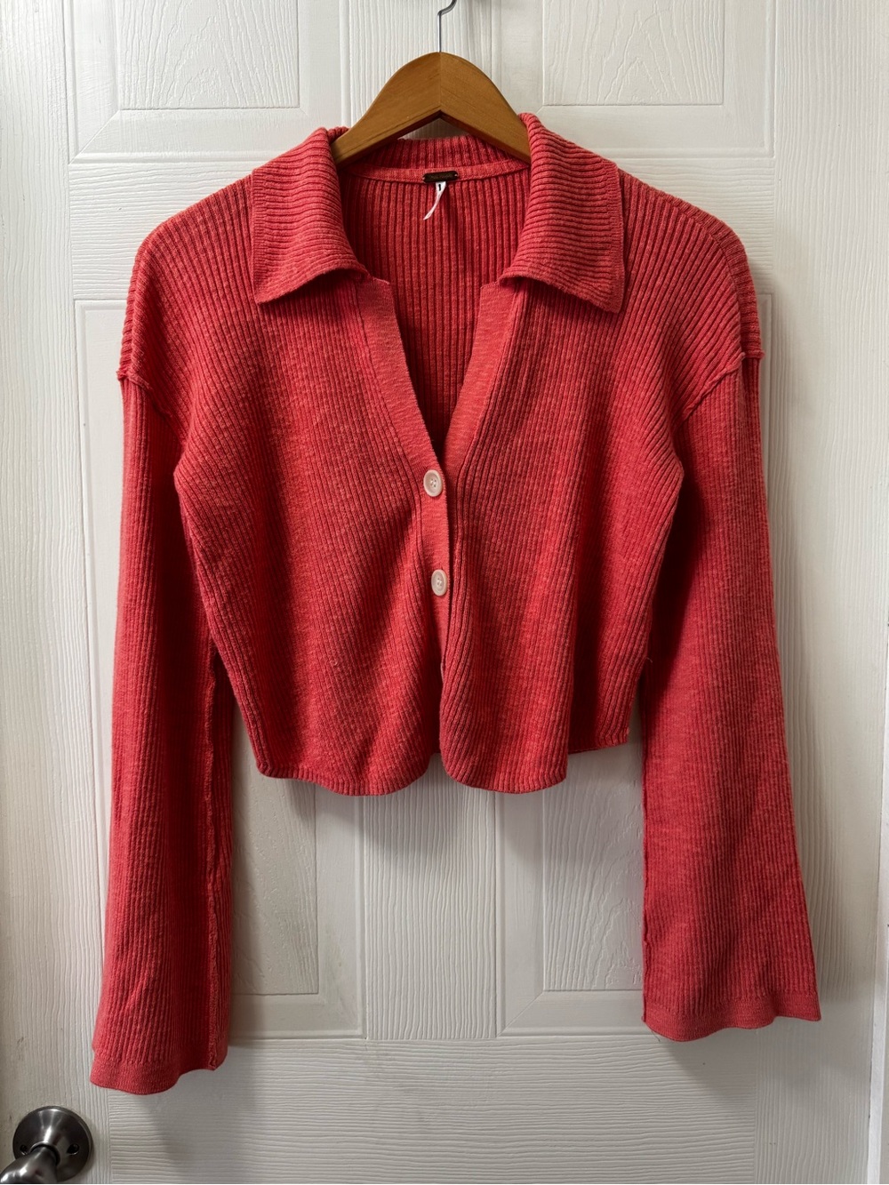 Free People Cropped Collared Cardigan in Coral